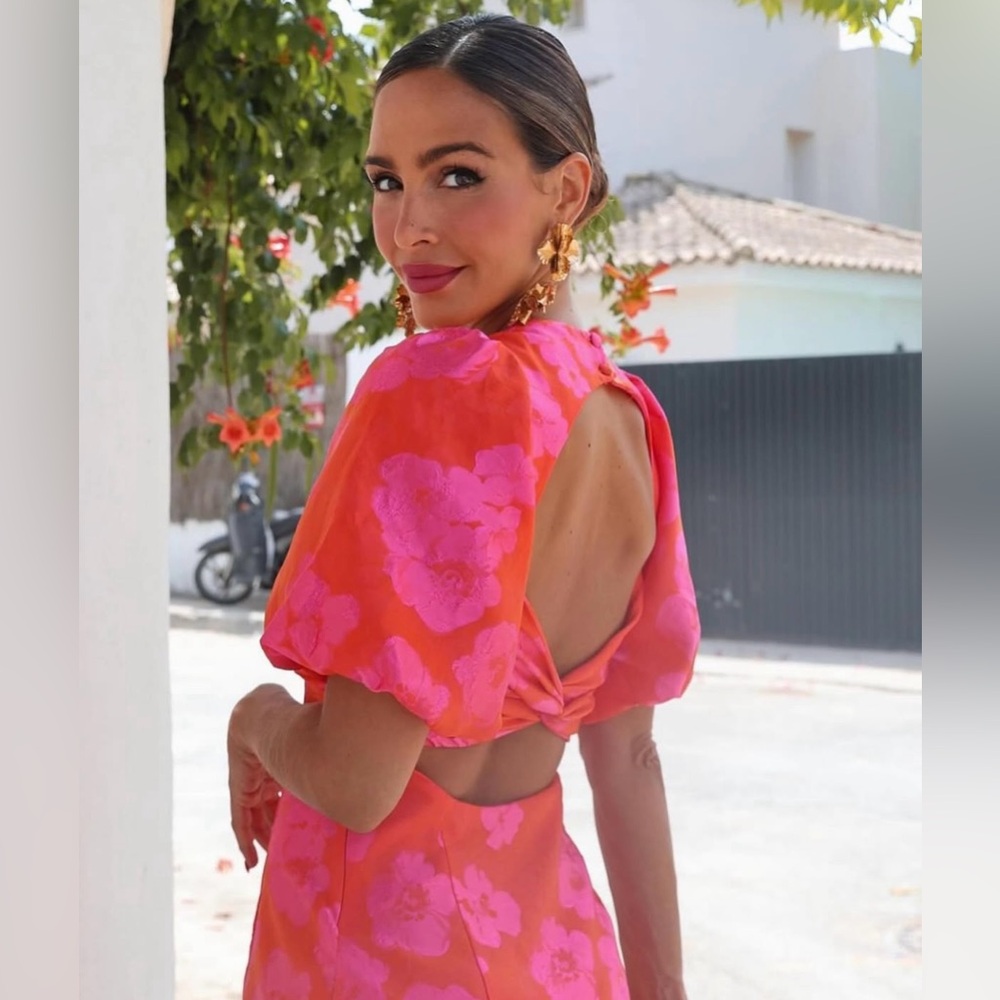 Zara dress mini puff wide sleeve cut out hot Pink Floral wedding summer vacation - Picture 4 of 12